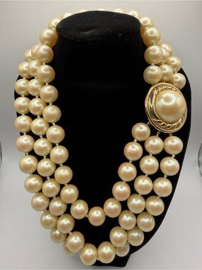 Donald Stannard Classic Triple-Strand Faux Pearl Necklace with Gold-Tone Clasp
